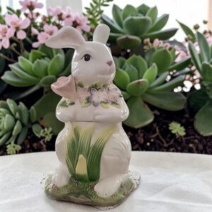 Hand Painted Ceramic Bunny Cookie Jar – Tulip Rabbit Spring Kitchen Decor