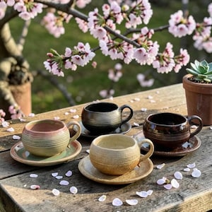 Puede incluir: Cuatro tazas de té y platillos de cerámica en varios colores y texturas están dispuestas sobre una superficie de madera. Las tazas son en tonos marrón, beige y verde. Ramas de cerezo en flor con flores rosas en el fondo.