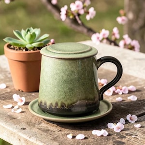 Könnte beinhalten: Grüne Keramik-Teetasse mit Deckel, schwarzem Henkel und passender Untertasse. Die Tasse steht auf einer Holzoberfläche neben einer kleinen Topf-Sukkulente. Rosa Blüten sind um die Tasse verstreut.