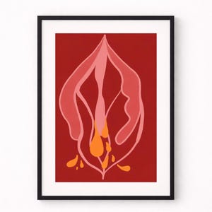 Könnte beinhalten: Abstrakter Kunstdruck in einem schwarzen Rahmen. Das Kunstwerk zeigt eine stilisierte, organische Form in Rosa- und Orangetönen vor einem roten Hintergrund. Das Design umfasst fließende Linien und tropfenartige Formen, die ein Gefühl von Bewegung erzeugen.