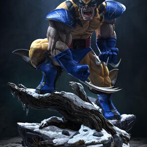 May include: A detailed collectible statue of the character Wolverine in a crouching pose. The figure wears a yellow and blue suit with shoulder pads, blue gloves with extended silver claws, and a mask. It stands on a snowy, rocky base with wood.