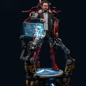 May include: A detailed collectible figure of a man in a black suit jacket and white shirt, partially integrated into a red and gold mechanical suit. The figure stands on a circular base with blue light, surrounded by robotic arms and a blue holographic display.