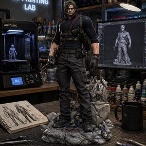 May include: A detailed figurine of a man in black tactical gear, standing on a rocky base. The figure is holding a weapon and is surrounded by 3D printing equipment and design sketches. The background includes a sign that reads "3D Printing Lab."