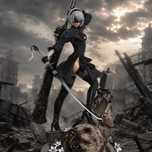 May include: A detailed statue of a character in a black dress, high-heeled boots, and a white blindfold, holding a large sword and a smaller blade. The figure stands on a stone base with white flowers, set against a backdrop of a destroyed cityscape.