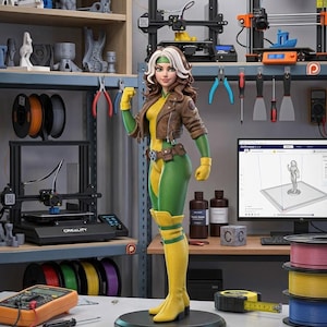 Op de afbeelding: Een 3D-geprint beeldje van een vrouwelijk personage met bruin haar en een witte lok, gekleed in een bruin leren jasje, een groen met geel pak en gele laarzen, staand op een zwarte ronde voet in een werkplaats met 3D-printers.