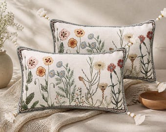 Botanisches Wildblumen Lendenkissen - Leinenmischung Quaste Kissen, Boho Bauernhaus Dekor