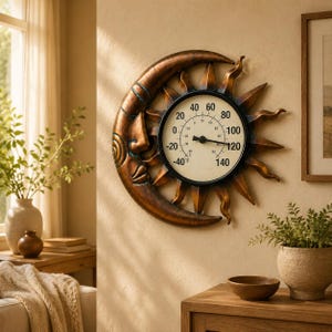 Sun Moon Metal Wall Clock, Rustic Celestial Outdoor Decor