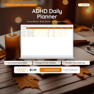 ADHD Daily Planner Spreadsheet | Focus & Habit Tracker | Brain Dump | Pomodoro Log | Excel Google Sheets Template | Instant Download