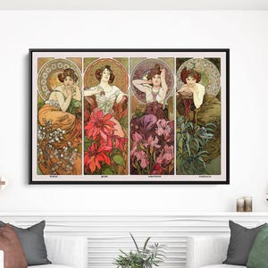 May include: A rectangular framed wall art print featuring four vertical panels, each depicting a woman surrounded by flowers in an Art Nouveau style. The artwork displays a color palette of orange, red, purple, and green, with circular decorative motifs.