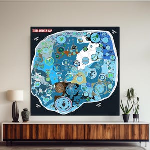 May include: Large abstract wall art featuring a blue and green map design with circular elements. The artwork, labeled "TERRA INFINITA MAP", is displayed in a modern living room setting above a wooden cabinet. The room includes a yellow sofa and potted plants.