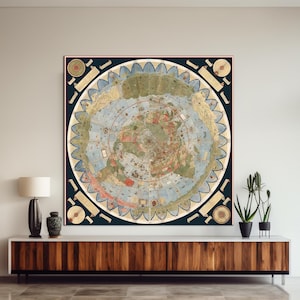 May include: A large, framed vintage map print with a circular design, showing a detailed depiction of the world. The map is set against a dark blue background and framed in a gold border. The print hangs above a wooden cabinet.