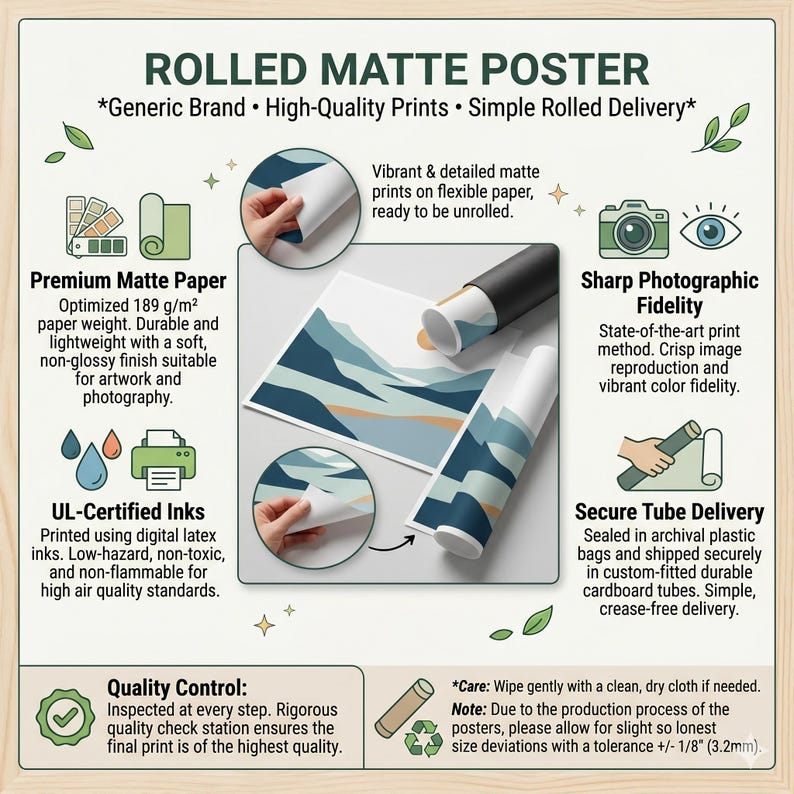 Peut inclure: Une affiche mate roul&eacute;e avec du texte d&eacute;crivant les caract&eacute;ristiques telles que le papier mat de qualit&eacute; sup&eacute;rieure, les encres certifi&eacute;es UL et une fid&eacute;lit&eacute; photographique nette. L'affiche est livr&eacute;e dans un tube s&eacute;curis&eacute;. L'image montre une impression de paysage avec des tons bleus et verts.