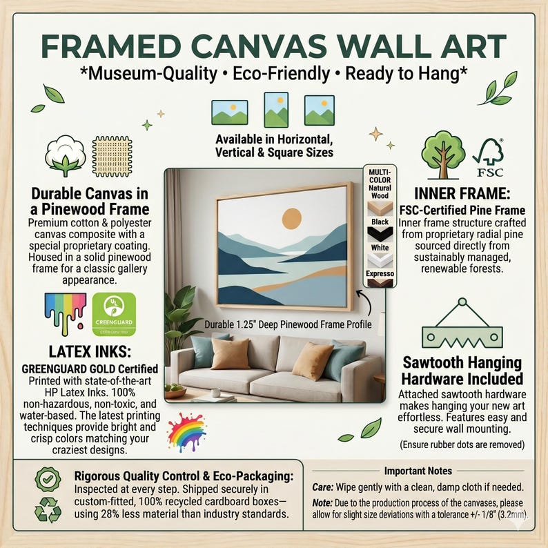 Peut inclure: Tableau mural encadr&eacute; avec un paysage. Disponible en formats horizontal, vertical et carr&eacute;. Toile durable dans un cadre en pin, imprim&eacute;e avec des encres latex certifi&eacute;es Greenguard Gold. Mat&eacute;riel de suspension en dents de scie inclus.