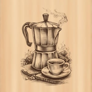 Moka Pot Coffee PNG, Espresso Cup Steam Engraving File, Vintage Cafe Bar Laser Art