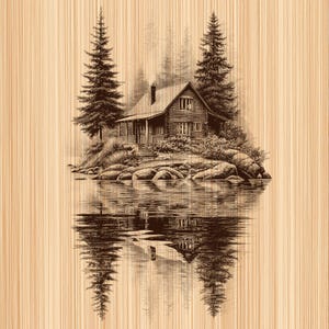 Può includere: Un'illustrazione dettagliata a inchiostro marrone su uno sfondo con venature del legno chiaro che raffigura una baita situata su un'isola rocciosa. Due alti pini fiancheggiano la baita e l'intera scena si riflette nell'acqua calma.