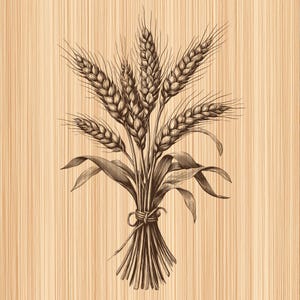 Pode incluir: Uma ilustração detalhada em tons de castanho e bege de um feixe de caules de trigo atados com um cordão simples. O desenho apresenta várias espigas com longas aristas e folhas curvas, representadas com linhas de hachura finas.
