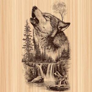 May include: A detailed illustration of a howling wolf with a waterfall and forest scene. The artwork is in shades of brown and tan, with a textured wood grain background. A second wolf stands on a rock, looking up at the howling wolf.