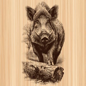 Può includere: Illustrazione dettagliata di un cinghiale con zanne prominenti, su uno sfondo a venature di legno. Il cinghiale è raffigurato in uno stile realistico, in piedi su un tronco, con un albero e fogliame sullo sfondo. L'opera è resa in tonalità di marrone.