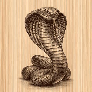 Può includere: Un'illustrazione dettagliata a inchiostro marrone e nero di un cobra in posizione difensiva con il cappuccio spiegato e la lingua estesa. Il disegno presenta un intricato lavoro di tratteggio e linee per definire le squame e il corpo.