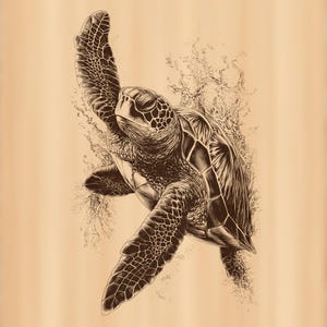 May include: A dark brown, detailed line art illustration of a sea turtle swimming upward. The turtle is depicted with intricate scale patterns on its flippers and shell, surrounded by dynamic, splashing water effects against a light tan background.