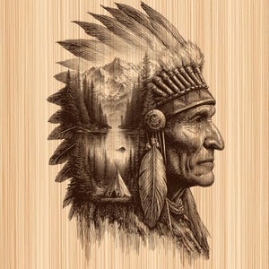 Può includere: Illustrazione dettagliata di un capo nativo americano di profilo, con un copricapo di piume. L'immagine è una doppia esposizione, con un paesaggio di montagne, un lago e alberi che riempiono la silhouette del capo. L'opera è in tonalità marroni.
