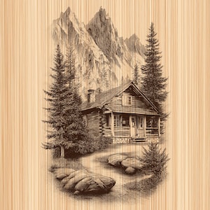 May include: A detailed brown ink illustration on a light wood grain background depicting a rustic log cabin nestled at the base of jagged, snow-capped mountain peaks. Tall pine trees surround the cabin, with large rocks in the foreground.