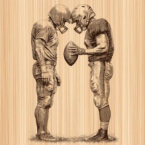 May include: A sepia-toned illustration of two American football players standing face-to-face, wearing helmets and uniforms, with one player holding a football between them. The artwork features detailed cross-hatching lines on a light wood grain background.