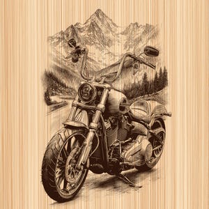 Peut inclure: Illustration détaillée d'une moto avec un arrière-plan de montagne. La moto est de style cruiser classique, avec un gros pneu avant, des guidons incurvés et un moteur détaillé. L'arrière-plan présente une chaîne de montagnes et une route.