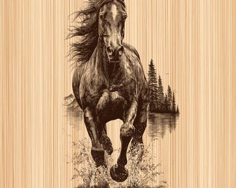 Op de afbeelding: Een gedetailleerde sepia-kleurige illustratie van een paard dat door water rent. Het paard heeft een vloeiende manen en staart, wat beweging creëert. De achtergrond toont een meer, bergen en bomen, allemaal in een gedetailleerde, artistieke stijl.