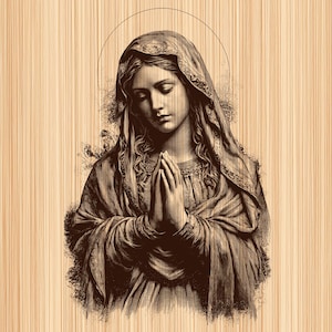 May include: A sepia-toned illustration of a woman with her hands clasped in prayer. She wears a draped head covering and a halo. The image has a vintage aesthetic, with detailed linework and a textured background.