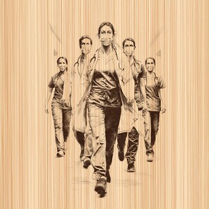 Puede incluir: Una ilustración en tono sepia de cinco profesionales médicos caminando hacia adelante en formación en V. Cada figura viste uniforme médico, bata y mascarilla. La figura central está posicionada ligeramente por delante sobre un fondo de veta de madera.
