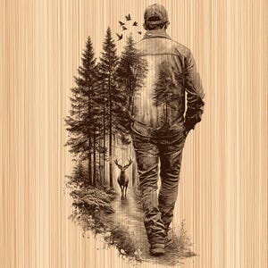 Könnte beinhalten: Sepiafarbene Illustration einer Person, die sich entfernt, mit einer Waldszene, die auf ihre Kleidung gelegt wurde. Das Bild zeigt einen Hirsch, Bäume und Vögel und schafft ein Design zum Thema Natur. Der Hintergrund hat eine Holzmaserung.