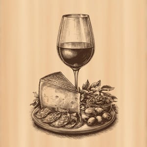 May include: A sepia-toned ink illustration of a wine glass filled with liquid, positioned behind a plate containing a wedge of cheese, several slices of cured meat, a small bowl of spread, and a cluster of olives with leafy green sprigs.