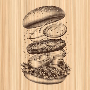 May include: A monochromatic, detailed line art illustration of a deconstructed burger. The drawing features a top bun with sesame seeds, sliced onions, a textured meat patty, more onion slices, and a bed of lettuce on a bottom bun.