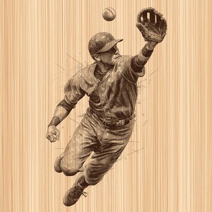 Op de afbeelding: Een sepia-kleurige illustratie van een honkbalspeler in uniform en pet, vastgelegd in de lucht terwijl deze met een leren handschoen omhoog reikt om een honkbal te vangen. Het kunstwerk bevat gedetailleerde arceringen en schaduwen op een lichte houtnerf.