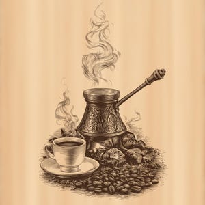 Puede incluir: Una ilustración en tono sepia de una cafetera de metal con un mango ornamentado y un pico largo, acompañada de una taza humeante sobre un platillo. La escena incluye granos de café esparcidos y trozos de carbón, con vapor ascendente.