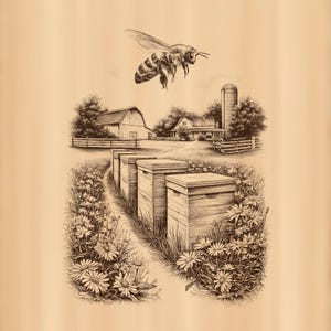 Könnte beinhalten: Eine sepiafarbene Illustration, die eine große Biene zeigt, die über einer Reihe hölzerner Bienenstöcke in einem Gänseblümchenfeld fliegt. Im Hintergrund ist ein Bauernhof mit Scheune, Haus, Silo und Holzzäunen zu sehen.