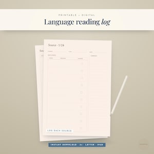 May include: A printable and digital language reading log template featuring a cream-colored page with sections for source, type, date, new words, meaning, learned status, and summary. The text reads Language reading log, Source 1/24, and Log each source.