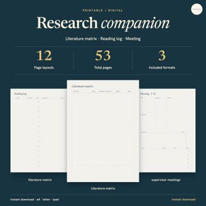 May include: A printable and digital Research companion planner featuring 12 page layouts, 53 total pages, and 3 included formats. The set includes a reading log, literature matrix, and meeting notes pages with a clean, off-white background.