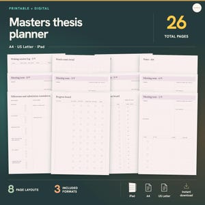 May include: A digital and printable Masters thesis planner with 26 total pages, 8 page layouts, and 3 formats including A4, US Letter, and iPad. The planner features sections for writing session logs, word-count trends, meeting notes, and progress boards.