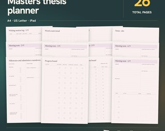 Planerare för masteruppsats, utskrivbar framstegstavla för examensarbete, möteslogg för rådgivare, milstolpar, nedräkning, A4 US Letter iPad GoodNotes PDF