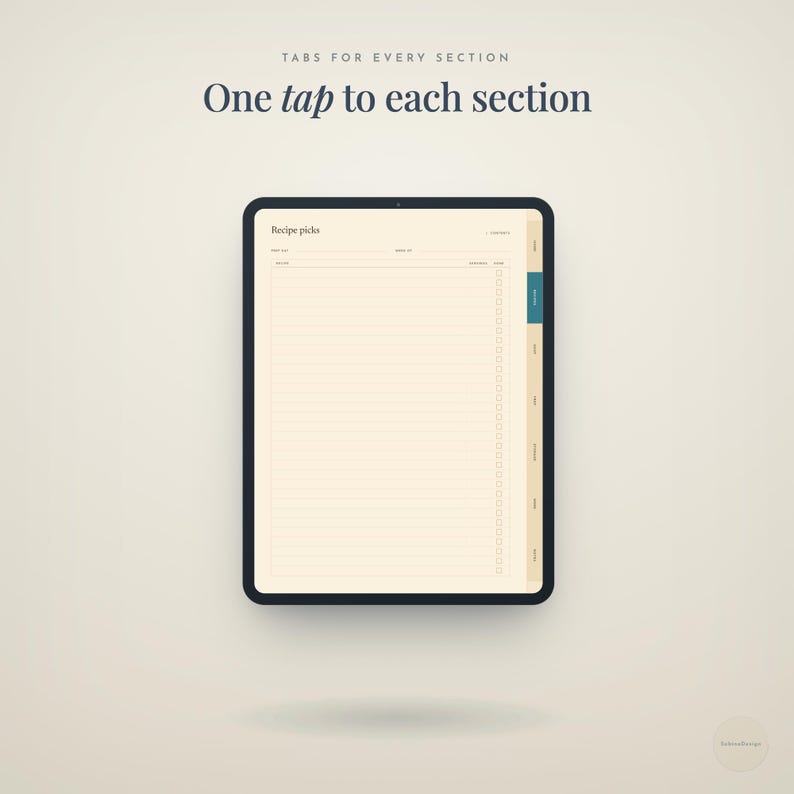 tabs for every section · One · tap · to each section