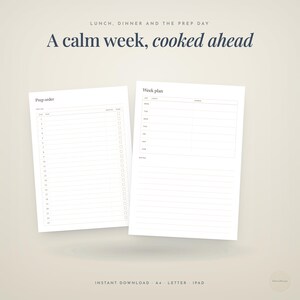 lunch, dinner and the prep day · A calm week, · cooked ahead · instant download · a4 · letter · ipad