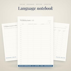 May include: A digital language notebook featuring three pages with white backgrounds and dark blue text. The pages include sections titled Vocabulary bank, Conjugation & pattern tables, and Spaced review, with grids for organizing language study notes.
