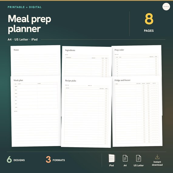 Meal Prep Planner, Printable Weekly Meal Plan, Recipe Picks, Ingredient List and Prep Order, Hyperlinked iPad GoodNotes PDF A4 US Letter