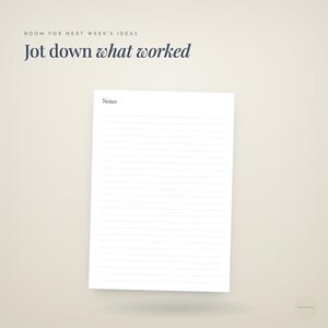 room for next week's ideas · Jot down · what worked