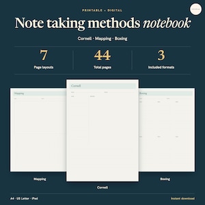 Note Taking Methods Notebook, Cornell Outline Charting Mapping Boxing Method, Printable A4 US Letter and iPad GoodNotes