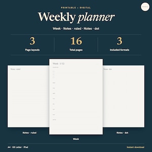 May include: A printable and digital weekly planner set featuring 16 total pages, 3 page layouts, and 3 included formats. The layouts include a weekly schedule, ruled notes, and dot grid notes, all presented on a dark background with white text.