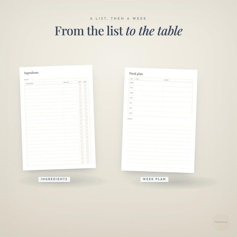 a list, then a week · From the list · to the table · ingredients · week plan