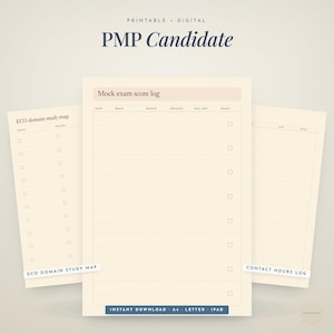 May include: A printable digital PMP Candidate study planner set featuring a Mock exam score log, an ECO domain study map, and a Contact hours log. The documents are cream-colored with dark text, including headers for date, mock, people, process, and business environment.